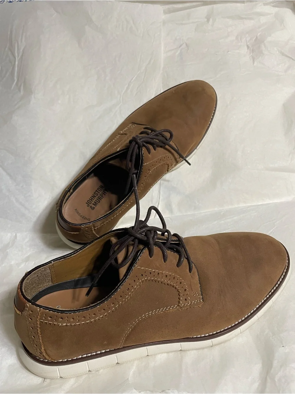 Johnston & Murphy Tan Suede Derby with White Sole